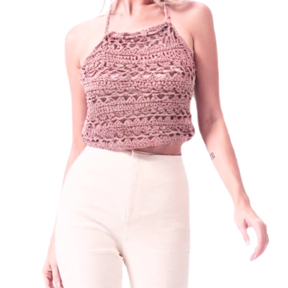 Hand Knit Crochet Halter Crop Top in Pink Size S/M